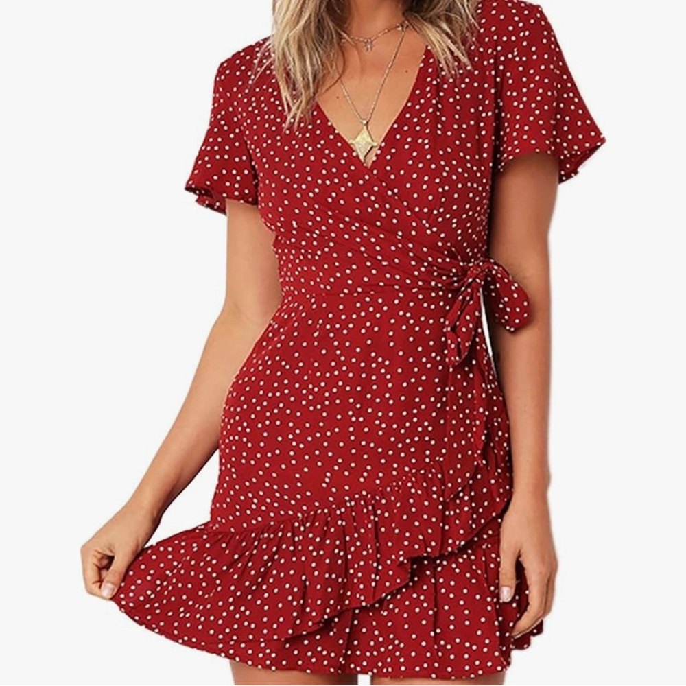 White Polka Dot Short Sleeve Red Ruffle Mini Wrap Dress